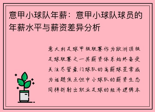 意甲小球队年薪：意甲小球队球员的年薪水平与薪资差异分析