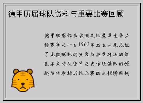 德甲历届球队资料与重要比赛回顾